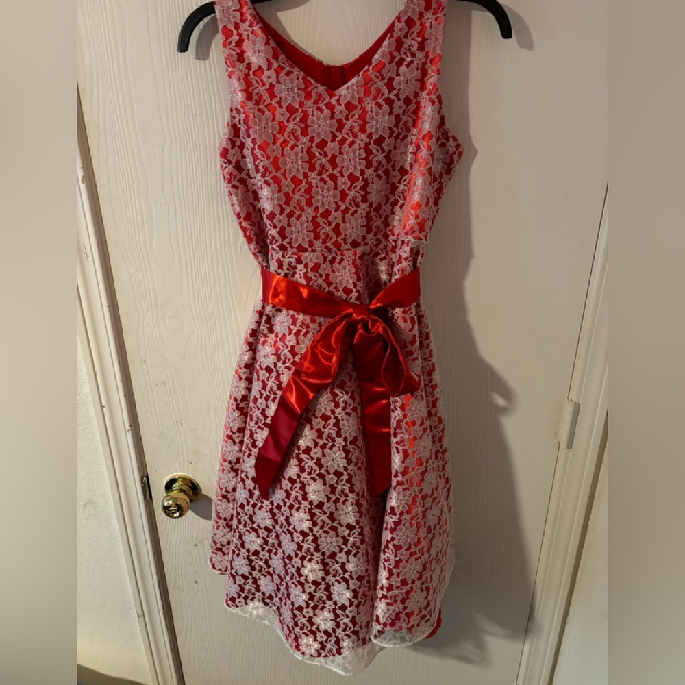 Red and white lace overlay formal girls dress